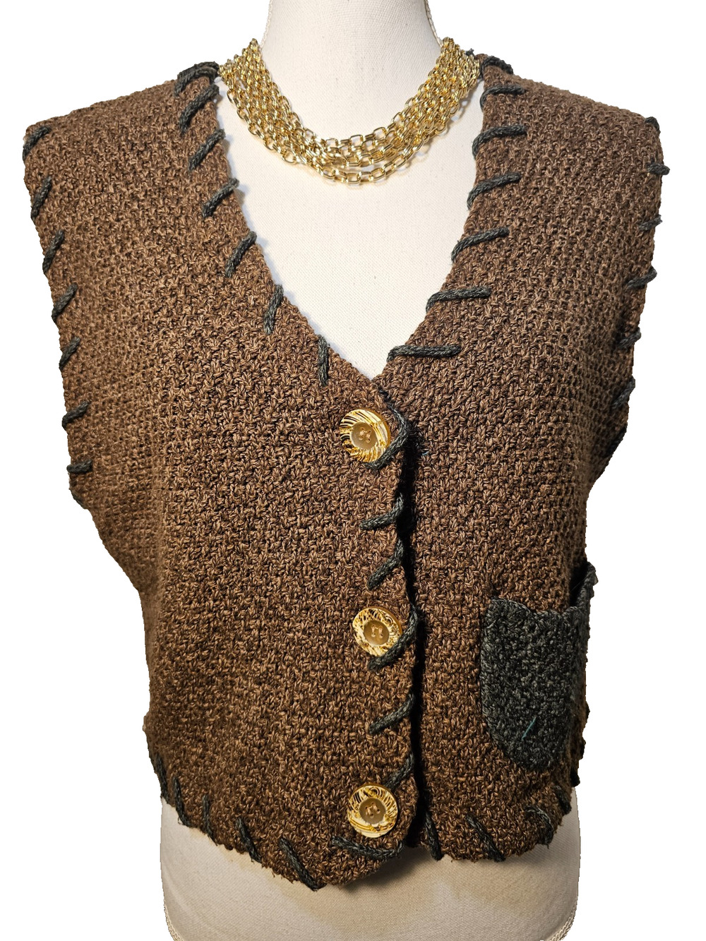 Mia Nola Womens Brown Knit Boxy Sweater Vest Button Front Pocket Runs Big Size 2